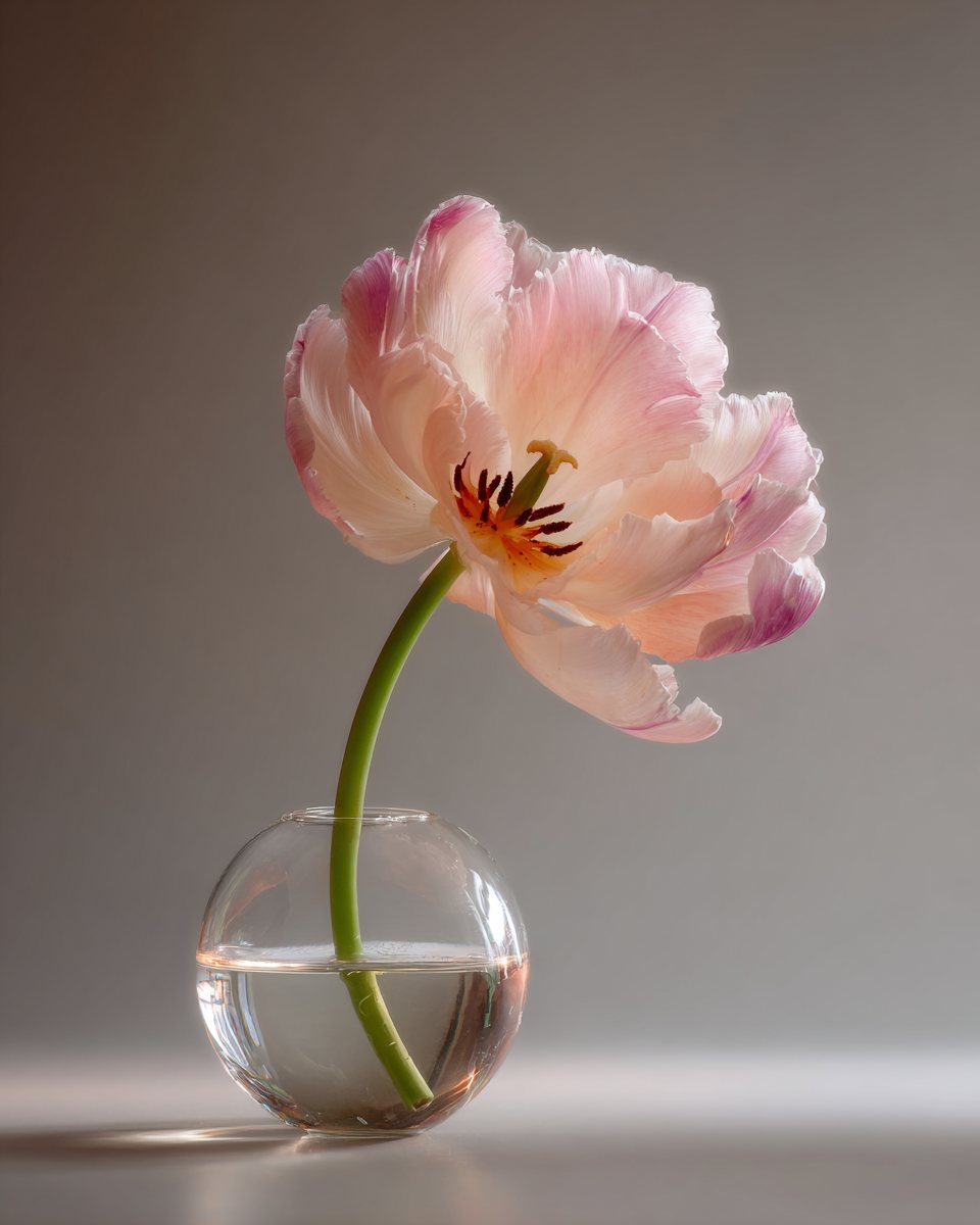 ガラスの花器に活けたチューリップ