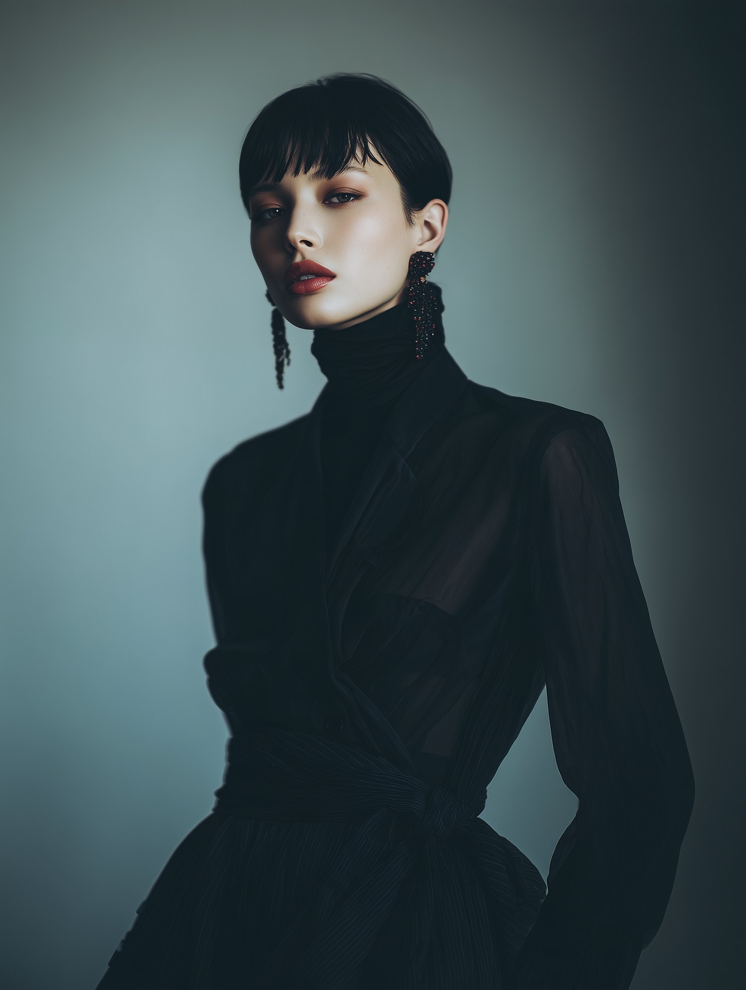 黒のタートルネックをまとった女性のポートレート