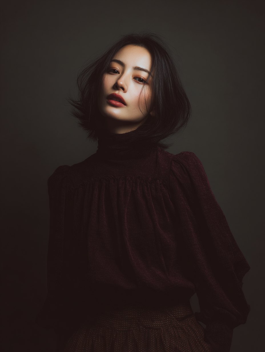 暗がりに佇む黒い装いの女性